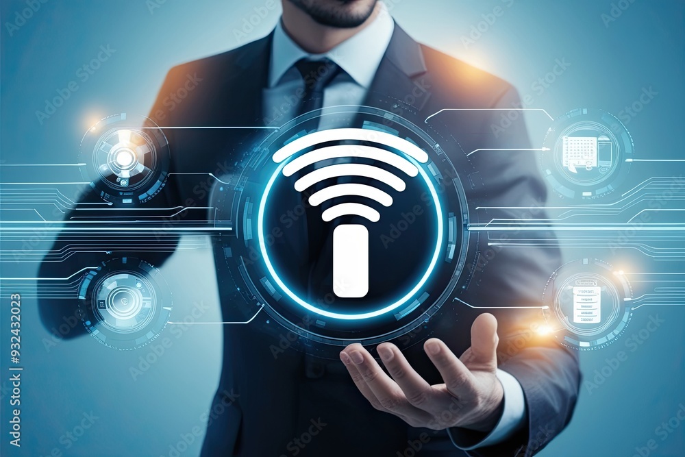 Poster futuristic wireless technology and data integration with wi-fi symbol