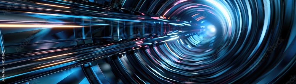 Poster futuristic tunnel with glowing lights and metallic surfaces, creating a sense of speed and technolog