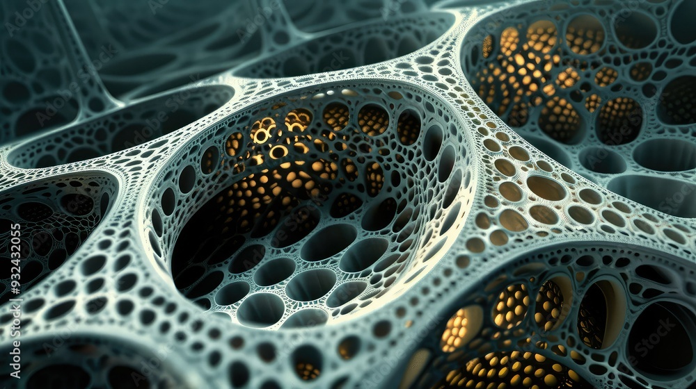 Poster intricate abstract pattern showcasing organic shapes and glowing elements, evoking a sense of depth 