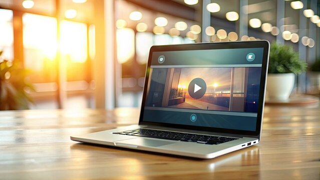 Modern laptop screen displaying a video player interface with play, pause, and volume controls, on a blurred website background with subtle gradient effect.