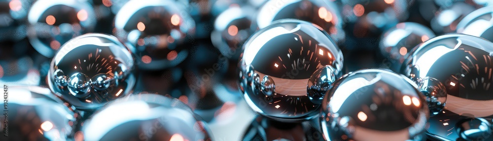 Poster shiny metallic spheres clustered together, reflecting light and creating a visually compelling abstr