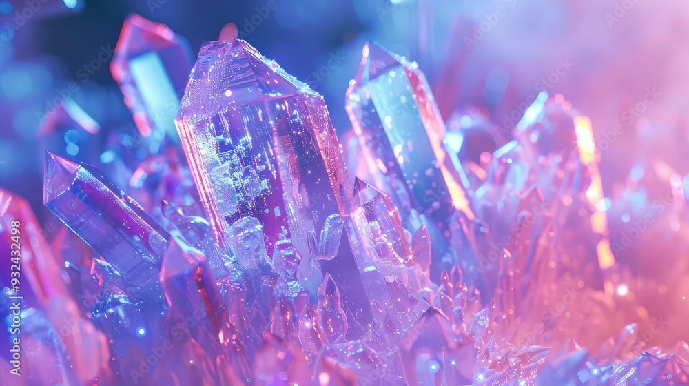 Poster stunning close-up of colorful crystals reflecting light, creating an enchanting and ethereal atmosph