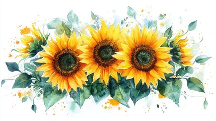 Bright Watercolor Sunflower Bouquet with Green Leaves on White Background - Vibrant Floral Art