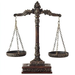 Ornate Vintage Balance Scale with Intricate Details and Brass Chains on a White Background