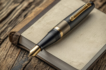 Elegant Fountain Pen Resting on a Closed Journal with Wooden Background