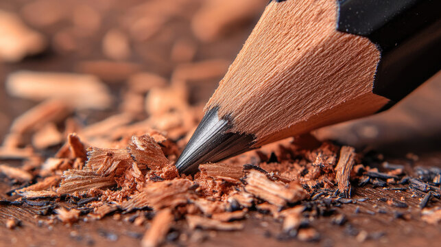 Close-Up of a Sharpened Pencil with Wood Shavings on a Wooden Surface