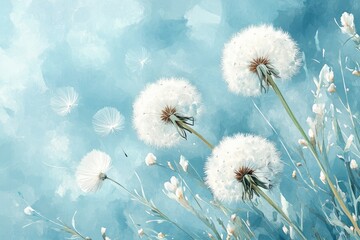 Beautiful Dandelion Flowers in Bloom Against a Soft Blue Background with Gentle Light