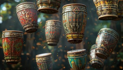 Vibrant and artistic drums suspended in mid-air, showcasing intricate designs and colorful patterns in a magical forest setting.