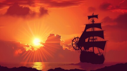 Fototapeta premium Columbus Day Background with Silhouette of Ship, Steer Wheel and Copy Space Area. Suitable to place on content with that theme