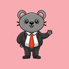 Cartoon business vector icon illustration mouse waving hand, Animal business icon concept isolated