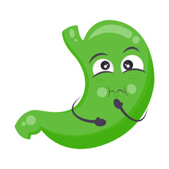 Green human stomach cartoon character icon sick with nausea, bile, and acid reflux syndrome