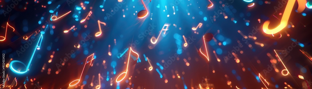 Poster vibrant musical notes floating in a colorful burst of light, creating a dynamic atmosphere filled wi