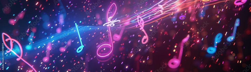 Poster vibrant musical notes illuminated in colorful light, creating a dynamic and energetic atmosphere of 