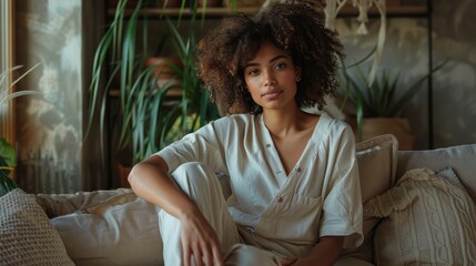 Obraz premium A woman with curly hair is sitting on a couch in a living room
