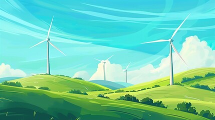 A vibrant landscape featuring wind turbines on rolling green hills under a bright blue sky.
