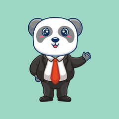 Cartoon business vector icon illustration panda waving hand, Animal business icon concept isolated