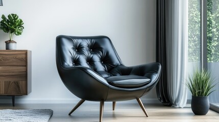 Black leather armchair in a modern living room, chic and comfortable, a place to unwind