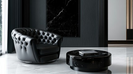 Black leather armchair in a modern living room, chic and comfortable, a place to unwind