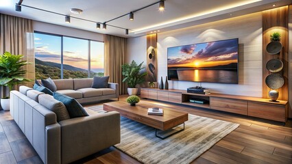 Modern living room with sleek soundbar, large flat-screen TV, and cozy ambiance, creating perfect setting for relaxed entertainment and immersive audio-visual experience.