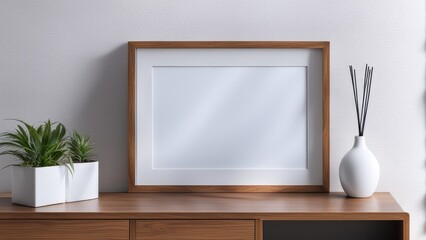 Mockup of white wall wooden frame picture frame mounted on wooden cabinet
