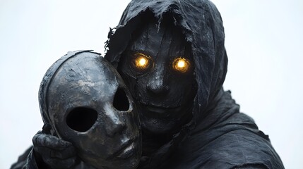 Blacksmith ghost with glowing eyes, eerie smile, holding a Halloween mask, dark and surreal, horror theme, isolated on white background