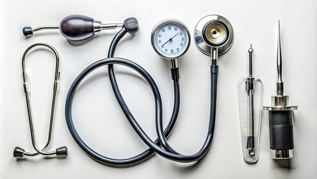 Modern medical equipment and tools, including stethoscope, blood pressure gauge, and reflex hammer, arranged neatly on a clean white background, ready for examination.