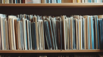 Black vinyl record collection on a shelf, vintage and cherished, music lover's treasure