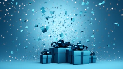 Christmas gift box against blue bokeh background. Holiday greeting card. Neural network ai generated art