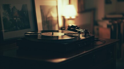 Obraz premium Black vinyl record player in a dimly lit room, nostalgic and warm, a musical escape
