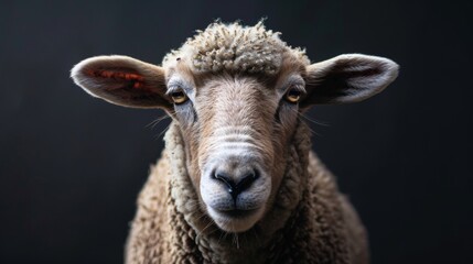 Closeup of mountain Lamb front-view, Eid Al Adha sheep face isolated on black background