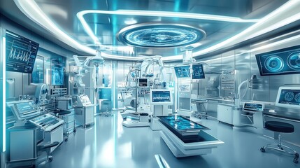 Futuristic medical lab with holographic displays and equipment