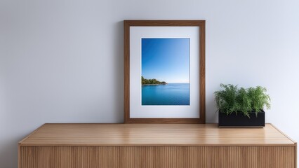 Mockup of white wall wooden frame picture frame mounted on wooden cabinet