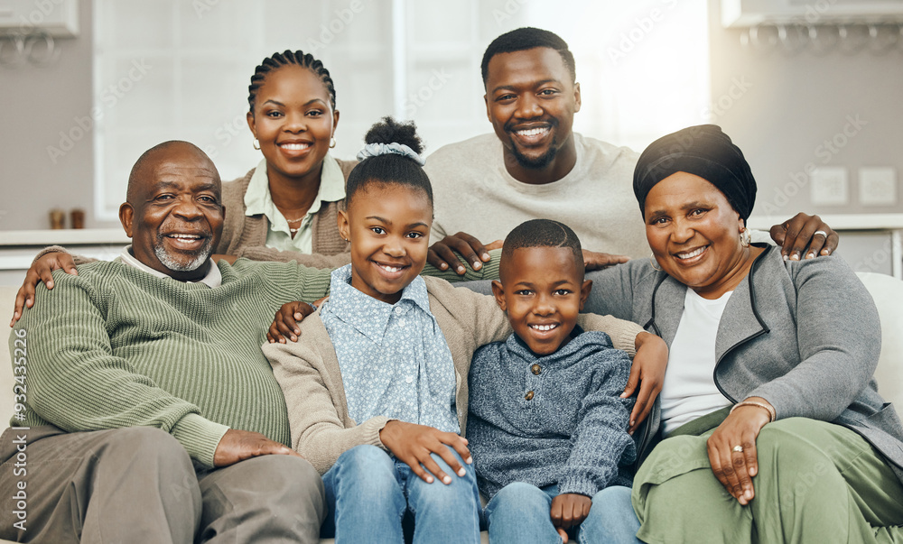 Poster African, portrait and smile with big family on sofa in living room of home together for bonding. Happy, love or visit with generations of senior people, parents and children in apartment for wellness