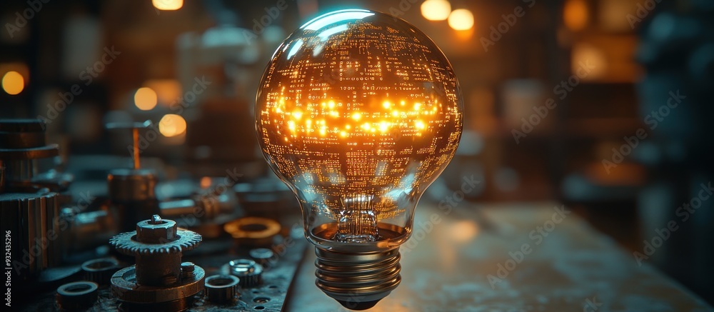 Poster illuminating idea, digital circuitry in a light bulb