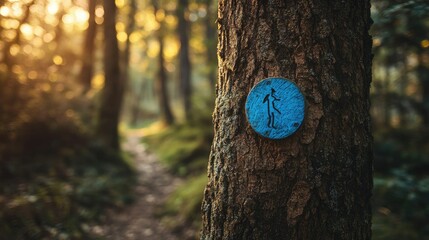 Fototapeta premium Blue hiking trail marker on a tree, outdoor adventure and exploration, nature path