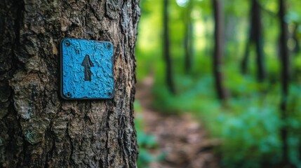 Fototapeta premium Blue hiking trail marker on a tree, outdoor adventure and exploration, nature path