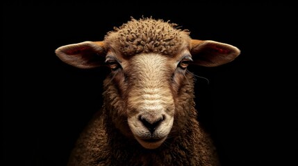 Fototapeta premium Closeup of mountain Lamb front-view, Eid Al Adha sheep face isolated on black background