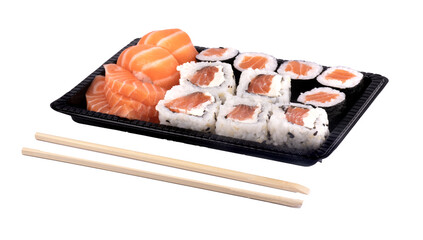Sushi delivery tray with just angled sashimi and chopsticks