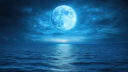 Blue moon rising over a calm ocean, mystical and serene night scene, tranquil water