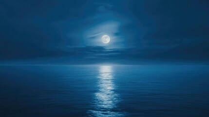 Naklejka premium Blue moon rising over a calm ocean, mystical and serene night scene, tranquil water