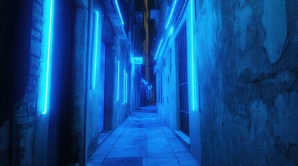 Obraz premium Blue neon lights illuminating a dark alley, futuristic and urban night scene -