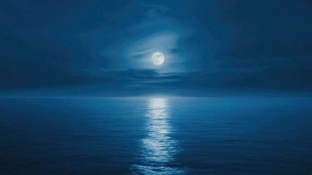 Blue moon rising over a calm ocean, mystical and serene night scene, tranquil water