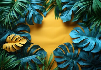 Tropical Leaf Border on Yellow Background