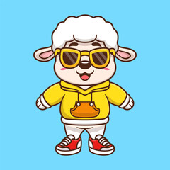 Cute sheep wearing hoodie jacket and wearing glasses cartoon animal