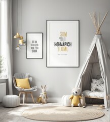 mock poster frame in kids bedroom scandinavian style interior background. 3d rendering