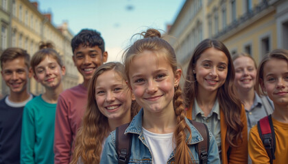 Fototapeta premium Diverse group of cheerful children smiling together against European street background