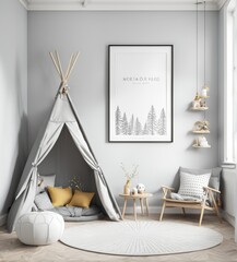 mock poster frame in kids bedroom scandinavian style interior background. 3d rendering