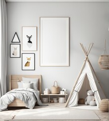 mock poster frame in kids bedroom scandinavian style interior background. 3d rendering