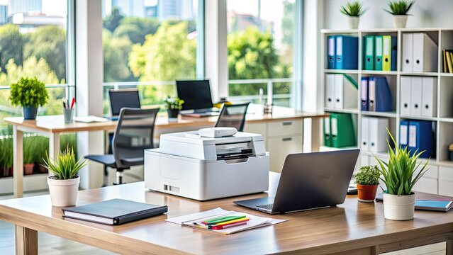 Modern printer producing freshly printed documents on a desk surrounded by office supplies, papers, and a laptop, showcasing a busy office work environment.