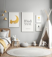 mock poster frame in kids bedroom scandinavian style interior background. 3d rendering